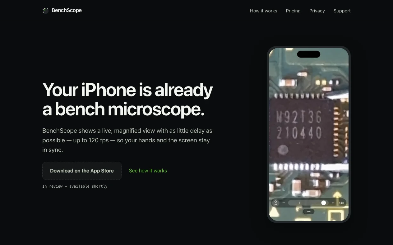 The BenchScope site, showing the app magnifying a circuit board on an iPhone.