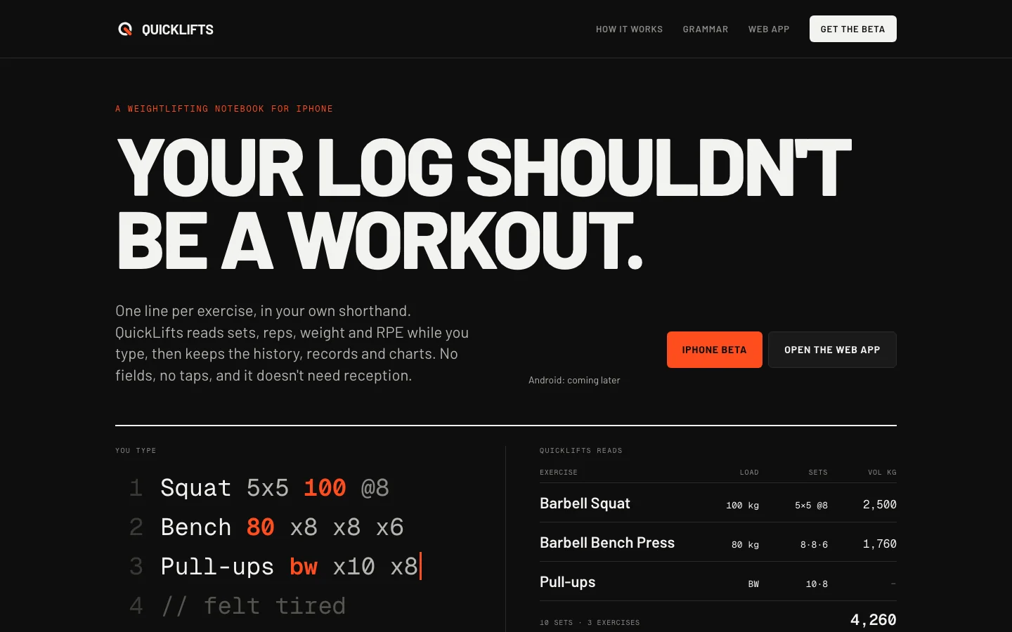 The QuickLifts site: a workout typed as three shorthand lines, parsed into exercises, loads and sets.